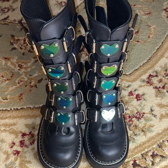 Demonia Black Combat Boots with Green Heart Accents - Picture 4 of 7